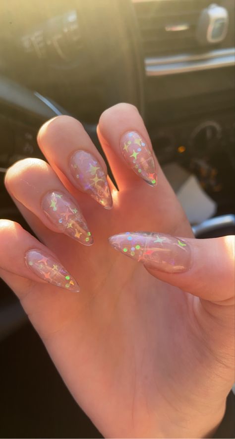 Clear Iridescent Nails, Clear Almond Nails Designs, Glitter Almond Acrylic Nails, Transparent Acrylic Nails, Clear Coffin Nails, Almond Acrylic Nail, Nails Almond Acrylic, Nails Art Acrylic, Sparkly Nail Designs