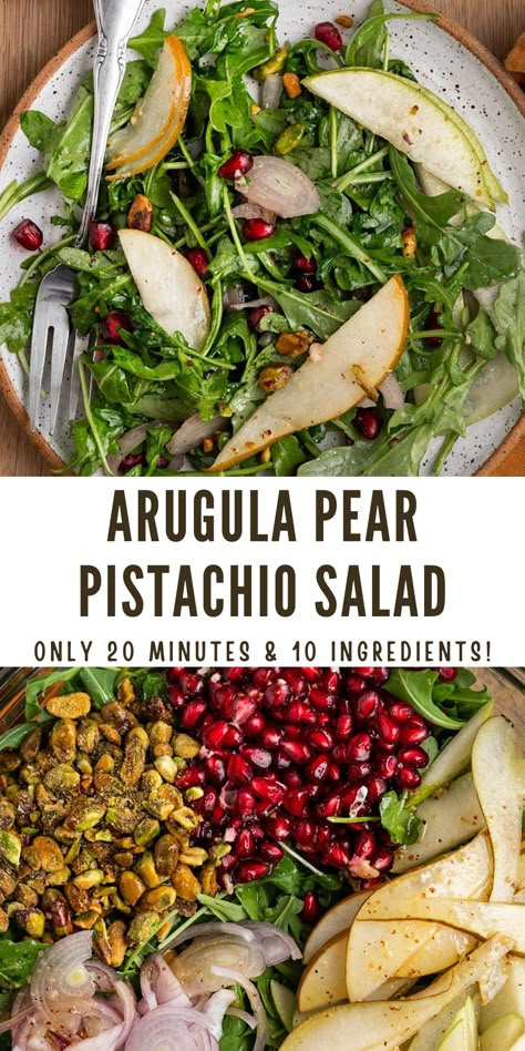 This healthy Arugula Pear and Pistachio Salad is filled with peppery arugula, sweet pears, tart pomegranate seeds, and nutty pistachios all topped with a delicious maple cider vinaigrette dressing. It makes the perfect 20-minute vegan & gluten-free side salad for any occasion! Maple Cider Vinaigrette, Cider Vinaigrette Dressing, Creative Thanksgiving Recipes, Pear Salad Recipes, Vegetarian Thanksgiving Recipes, Pistachio Salad, Arugula Salad Recipes, Cider Vinaigrette, Vegan Mashed Potatoes