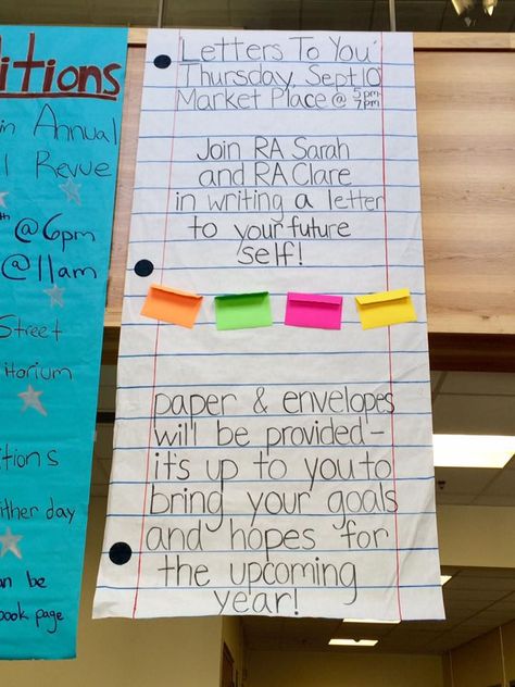 "Letters to You" event where in the beginning of first semester another RA an I had residents write letters to their future selves that we mailed out in March just before finals week! Ra Events Activities, Reslife Programs, Ra Program Ideas Activities College Students, Ra Program Ideas Activities, Christmas Hallways, College Room Essentials, Ra Event Ideas, Ra Program Ideas, College Decorations