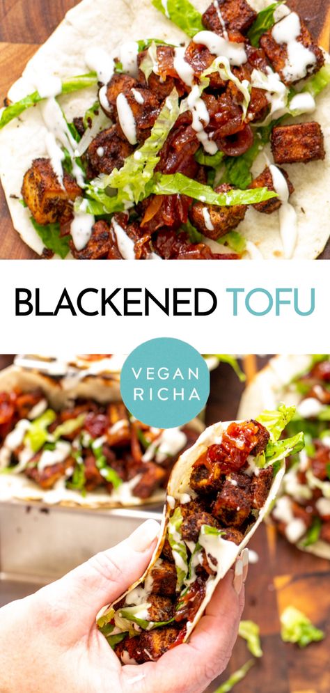 Blackened Tofu Tacos with Caramelized BBQ Onions are packed with delicious flavor and exciting textures! Gluten-free. Bbq Onions, Blackened Tofu, Roasted Sweet Potato Cubes, Vegan Tacos Recipes, Tofu Sandwich, Tofu Tacos, Vegetarian Bbq, Vegan Barbecue, Bbq Tofu