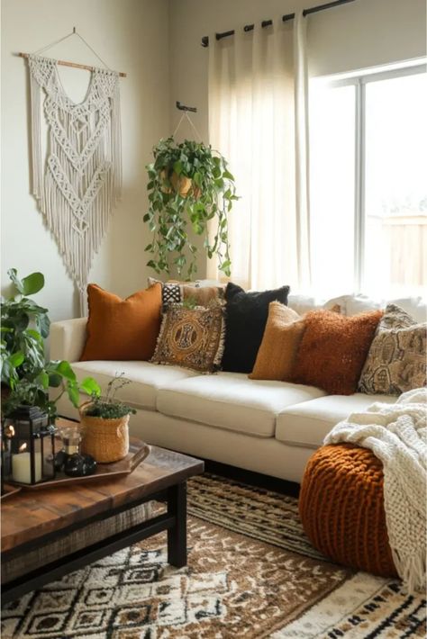 Use my guide to create an incredibly cozy and effortlessly chic boho living room. My collection of 30 boho ideas helps you craft that perfect balance. Discover how to use soft lighting, natural materials, and inviting furniture arrangements to create a space where everyone feels at home. I guide you through incorporating plants, textures, and colors that resonate with your style. Explore how you can make your living room the ultimate cozy retreat! RealEstateSpice.com #LivingRoomIdeas Boho Couch Ideas, Chic Boho Living Room, Bohemian Chic Living Room, Boho Couches, Bohemian Chic Home, Living Room Decor Boho, Boho Living Room Ideas, Meditation Room Decor, Boho Ideas