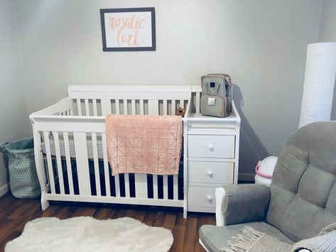 Baby Girl Nursery - Pink and Gray Modern Nursery Theme on a Budget - Six Clever Sisters Baby Girl Nursery Pink Gray White, Modern Nursery Themes, Nursery Theme Ideas, Vintage Girl Nursery, Pink And Gray Nursery, Girl Nursery Pink, Ruffle Curtains