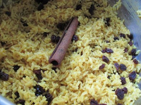 Geelrys (South African Yellow Rice With Raisins). Yellow Rice With Raisins, Caribbean Yellow Rice, African Yellow Rice, Rice With Raisins, South African Sousboontjies, Yellow Basmati Rice, Sri Lankan Yellow Rice, Raisins Recipe, Ethiopian Cuisine