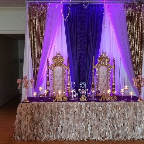 Purple & Gold Royal Wedding Gold Throne Chairs Regency Purple, Lavender, Gold Sequin & White Drop Champagne Curly Willow Table Skirt Purple And Gold Party Ideas, Purple And Gold Wedding Dress, Royal Blue And Purple Wedding Ideas, Champagne And Purple Quinceanera Theme, Royal Purple Quince, Quinceanera Themes Purple And Gold, White Gold And Purple Wedding, Royal Theme Wedding, Wedding Royal Theme