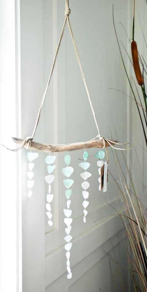 Mini V-Shape Sea Glass Mobile Made-to-Order / by SeaAndGlassOnEtsy Driftwood Windchimes, Playroom Window, Sea Glass Diy, Glass Mobile, Beach Glass Crafts, Driftwood Projects, Deco Nature, Beach Glass Art, Glass Art Projects