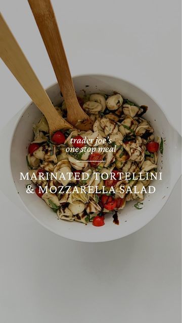 Home & Kind on Instagram: "Heading to a baby shower or potluck and need an easy, crowd-pleasing dish to take? Look no further than this Marinated Tortellini and Mozzarella Salad. It’s a #onestopmeal from Trader Joe’s that comes together in minutes and can be served hot or cold. • Bring a large pot of salted water to a boil. • Add 2 (10 oz) packages cheese tortellini and cook for 5-7 min. • Cut 2 cups grape tomatoes in half, thinly slice 1/2 cup basil leaves, and roughly chop 1 (8.5 oz) drained can of artichoke hearts. • Drain the tortellini and add it to a large mixing bowl. • Add 1 (12 oz) container of marinated mozzarella balls, the tomatoes, basil, and artichoke hearts. Toss to coat. • Drizzle with balsamic glaze. For the record, this salad is also great as a weeknight family meal. It Marinated Tortellini, Marinated Mozzarella Balls, Marinated Mozzarella, Mozzarella Balls, Mozzarella Salad, Cheese Tortellini, Pasta Salads, Artichoke Hearts, Balsamic Glaze