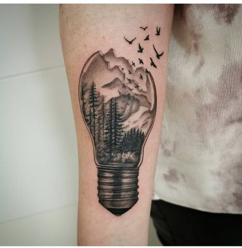 52 Beautiful Lightbulb Tattoo Designs - The XO Factor Lightbulb Tree Tattoo, Light On A Hill Tattoo, Light In The Dark Tattoo Ideas, Light In The Dark Tattoo, Bulb Tattoo Design, All Lights Turned Off Tattoo, Lighting Tattoo Design, Over Thinking Tattoo, Light Tattoo Ideas