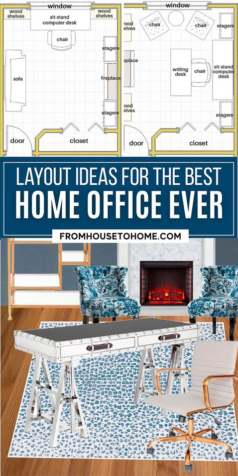 These home office layouts will show you how to arrange your desk and other furniture to create the best work from home floor plan. Home Office With Fireplace Layout, Man’s Home Office, Rectangular Office Layout, 10x10 Office Layout, Home Office Layout Ideas, Office Inspiration Workspaces, Office Layout Plan, Office Layouts, Blue Home Offices