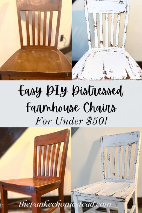 Diy Farmhouse Kitchen Chairs, Distressed Table And Chairs, Chalk Paint Dining Chairs, Refinish Dining Chairs, Oregon Cabin, Farmhouse Kitchen Chairs, Dining Room Chairs Diy, White Dinning Chairs, Refinished Chairs