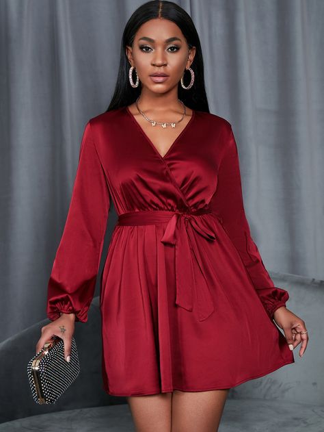 Burgundy Elegant  Long Sleeve Satin Plain A Line Embellished Non-Stretch Spring/Summer Women Dresses Short Dinner Gowns Classy For Plus Size, Satin Gown Designs With Sleeves, Satin Party Dress Long Sleeve, Evening Short Dresses Elegant, Simple Dinner Dress Evening Short, Dinner Dresses Classy Elegant Long Plus Size, Short Gown Dress Party Wear, Chic Satin Dress, Simple Dinner Dress Evening