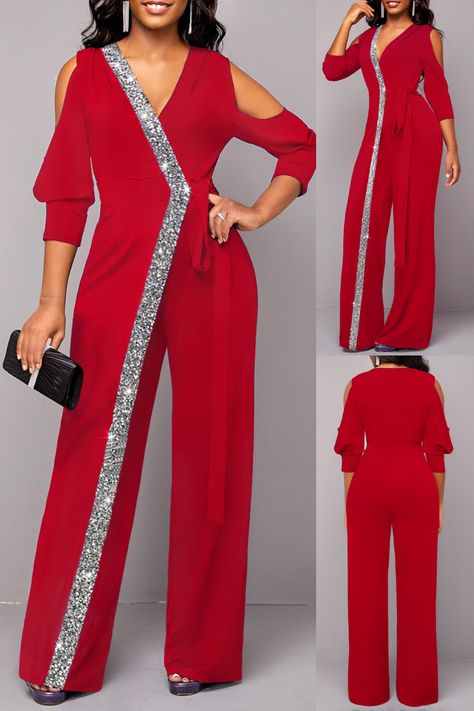 Turn heads with this stunning wine red jumpsuit. Featuring a chic cold shoulder design and stylish metal ring details, this piece is perfect for any occasion. The flattering V-neck and elegant silhouette make it a must-have for your wardrobe. Pair it with your favorite accessories and heels for a show-stopping look! ✨ #Fashionista #OOTD #StyleInspo #ChicFashion #JumpsuitLove #FashionTrends #WardrobeEssentials #ElegantStyle #FashionGoals #TrendyOutfits Bride Trousers, Ministry Apparel, George Straight, Formal Romper, 82nd Birthday, Fashion Jumpsuits, Cold Shoulder Jumpsuit, V Neck Jumpsuit, Classy Jumpsuit