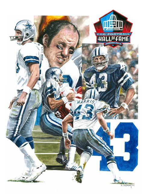 Did this as a personal gift to Cliff Harris for his being inducted into the Pro Football Hall of Fame. 13" X 16" watercolor Nfl Artwork, Dallas Cowboys Rings, Cowboy History, Nfl Art, Tony Dorsett, Nfl Hall Of Fame, Sports Illustration, Dallas Cowboys Players, Nfl Football Art