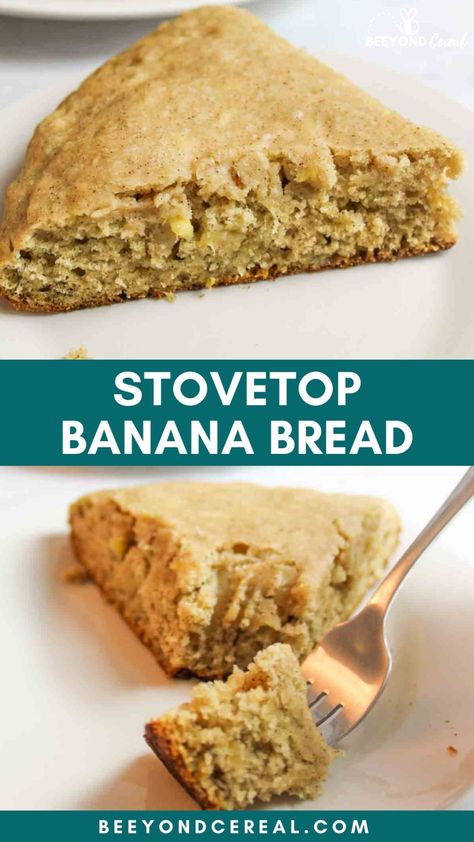 This easy stovetop recipe can cook an entire skillet's worth of banana bread in under 20 minutes, start to finish. Enjoy a slice of warm sweet bread and forget about the oven! Ever find yourself without an oven and with ripe bananas? It happens more often than we'd like to admit and while you could simply freeze those bananas for later, why not enjoy them now? With this banana bread recipe you can enjoy the flavor of a freshly baked loaf in under half the time it would normally take to bake it. Stove Top Bread Recipe, Apartment Cooking, Cooking Desserts, Ripe Banana Recipe, Banana Bread Recipe Healthy, Frugal Recipes, Tasty Snacks, Stove Top Recipes, Banana Dessert