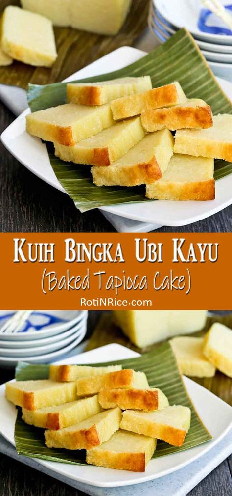 This easy to make gluten free Kuih Bingka Ubi Kayu (Baked Tapioca Cake) is a Nyonya tea time treat. It is moist, tender, fragrant, and super delicious. | RotiNrice.com #kuihbingka #tapiocacake #cassavacake Tapioca Cake, Kuih Lapis, Cooking Kids, Malaysian Dessert, Cassava Cake, Steamed Cake, Asian Snacks, Malaysian Food, Tea Time Snacks