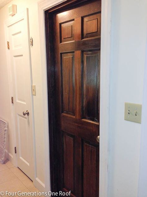 How to paint dark stained doors {before & after} - Four Generations One Roof Dark Stained Doors, Wood Stained Doors, Stained Doors White Trim, Paint Over Stained Wood, Stained Interior Doors, Painting Over Stained Wood, Black Trim Interior, Brown Interior Doors, Paint Stained Wood