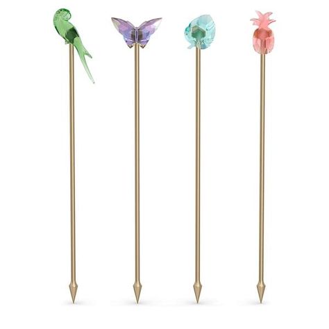 COCKTAIL STIRRERS - SET OF 4 Red Pineapple, Cocktail Stirrers, Green Parrot, Tropical Nature, Cocktail Accessories, Holiday Store, Bar Glassware, Metallic Fabric, Blue Leaves