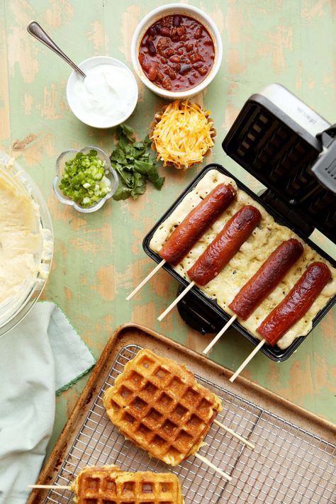 Waffle Corn Dogs - The Candid Appetite Gluten Free Corn Dogs, Cornbread Waffles, Homemade Corndogs, Nacho Bar, Waffle Maker Recipes, Hot Dog Bar, Gluten Free Waffles, Homemade Waffles, Corn Dog