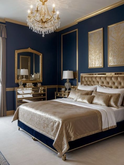 Elevate your bedroom with a royal blue accent wall, complementing it with luxurious gold accents and a plush velvet bedspread. Complete the look with sleek mirrored furniture and crystal chandeliers for a truly royal and glamorous atmosphere. Royal Blue Accent Wall, Royal Luxury Bedroom Design, Royal Blue Bedrooms, Blue And Gold Bedroom, Blue Accent Wall, Stylish Bedroom Decor, Royal Bedroom, Velvet Bedspread, Blue Accent Walls