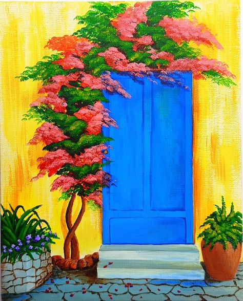 Bougainvillea Painting, Cute Easy Paintings, Poster Color Painting, Poster Color, Acrylic Landscape, Acrylic Colours, Canvas Painting Diy, Color Painting, Drawing Pencil