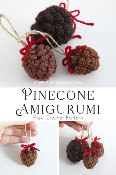 Crochet Pinecone Amigurumi Ornament • RaffamusaDesigns Crochet Pine Cone, Crochet Pinecone, Crochet Tree, Crochet Stitches Guide, Crochet Decrease, Crochet Christmas Trees, Crochet Decoration, Crochet Christmas Ornaments, Nordic Christmas