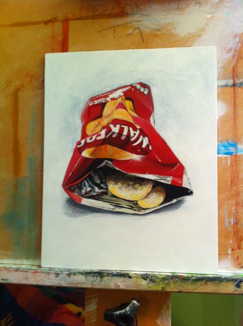 Crisp packet - acrylic on board Rubbish Drawing, Crisp Packet, Art Homework, Paint Inspo, Creative Portrait Photography, Painting Inspo, Gcse Art, A Level Art, Creative Portraits