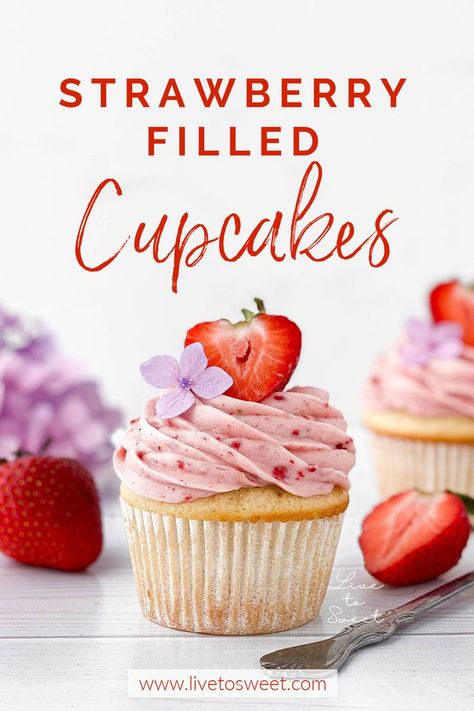 These Strawberry Filled Cupcakes are soft & fluffy vanilla bean cakes with homemade honey-strawberry filling, topped with strawberry cream cheese frosting! Honey Recipes Dessert, Vanilla Dessert Recipes, Cupcake Recipes Unique, Fluffy Vanilla Cupcakes, Honey Strawberry, Strawberry Filled Cupcakes, Cupcakes Strawberry, Homemade Cupcake Recipes, Honey Dessert