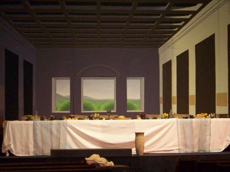 Live Last Supper backdrop by RhodaRenee on DeviantArt Last Supper Set Design, Last Supper Hd Images, The Last Supper Minimalist, The Last Supper Wall Decor, Play Background, The Last Supper Painting Original, Twelve Disciples, Garbage Waste, Altar Ideas