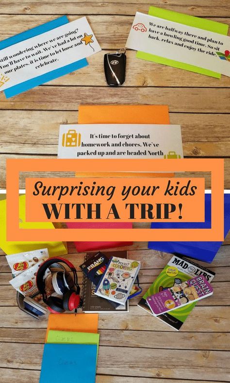 Planning a Surprise trip for your kids? Read about how we surprised our kids with a spring break trip and gave them clues along the way! Surprise Trip Scavenger Hunt Clues, Vacation Scavenger Hunt For Kids, Vacation Reveal Scavenger Hunt, How To Surprise Kids With A Trip, Trip Reveal Scavenger Hunt, Surprise Vacation Reveal, Disney Trip Reveal, Roadtrip Tips, Vacation Board