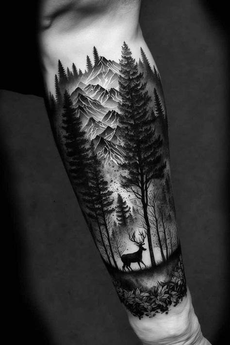 Mountain Sleeve Tattoo, Forest Tattoo Sleeve, Forest Forearm Tattoo, Discovery Quotes, Natur Tattoo Arm, Outdoor Tattoo, Wood Tattoo, Atlas Tattoo, Nature Tattoo Sleeve