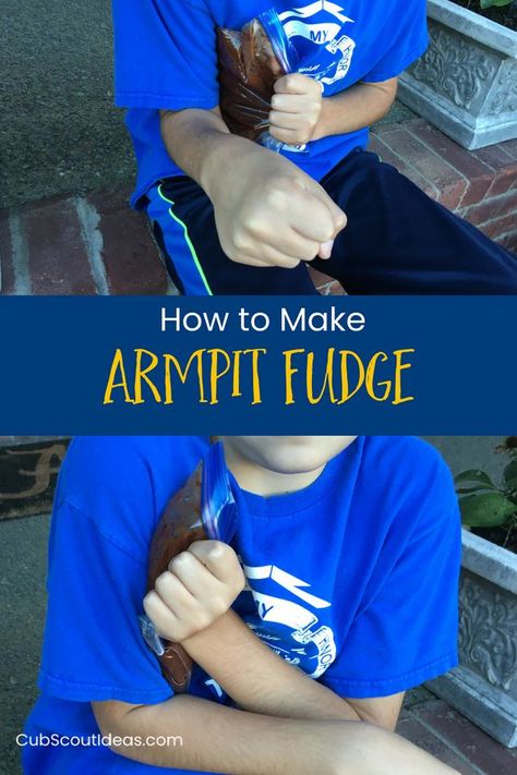 Super fun armpit fudge recipe for kids! Sounds gross, but it's actually pretty good! How to make fudge with children.  Great project for teacher or home school.  Fun cooking with kid.  #kids #recipe #candy #kidsactivities Cub Scout Recruitment Activities, Cub Scout Wolf Den Activities, Cub Scout Ornaments Diy, Cub Scout Recruiting Ideas, Armpit Fudge, Girl Scout Camping Activities, Derby Snacks, Scout Recipes, Lion Scouts