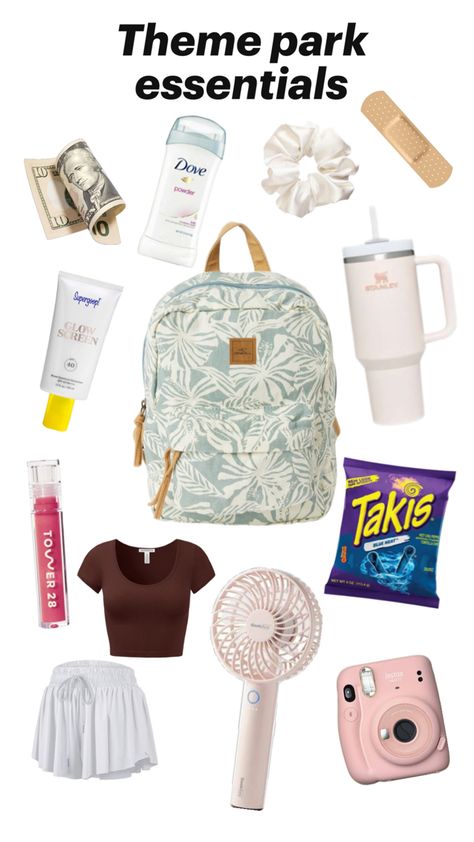 First collage Park Bag Essentials, Theme Park Essentials, School Bag Essentials, Bag Essentials, Essential Bag, Theme Park, Travel Essentials, Travel