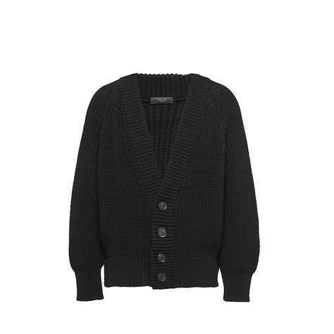 Cotton cardigan | Prada - UMC148_1WAE_F0002_S_201 Warm Cardigan, Rib Knit Cardigan, Embroidered Sweater, Yellow Sweater, Cotton Cardigan, Office Style, Black Rib, Office Fashion, Knit Sweater Cardigan