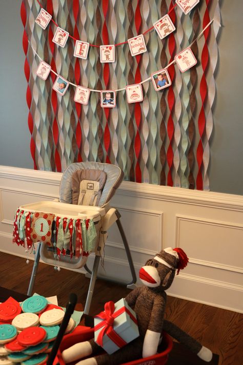 Sock Monkey Birthday Party - Streamer Backdrop - Highchair Banner Monkey Party Ideas, Sock Monkey Birthday Party, Monkey First Birthday, Monkey Birthday Party, Party Streamer, Sock Monkey Party, Sock Monkey Birthday, Diy Streamers, Monkey Birthday Parties