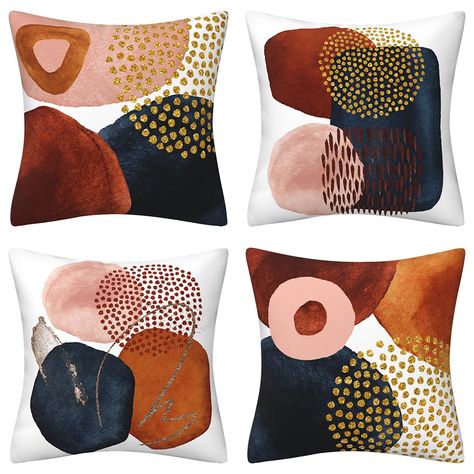 PRICES MAY VARY. Polyester Made of soft and durable polyester microfiber material, friendly to skin and pets Features advanced HD digital print of geometric pattern in shades of burnt orange and navy blue Includes set of 4 decorative pillow covers measuring 18 x 18 inches each with concealed zipper closure Perfect for decorating living room, bedroom, office, courtyard, porch and other indoor and outdoor spaces Great gift idea for birthdays, Christmas, housewarming and more  Abstract boho throw p Colorful Boho Aesthetic, Aesthetic Navy Blue, Burnt Orange Pillow, Aesthetic Navy, Minimalist Pillow, Mid Century Modern Aesthetic, Minimalist Art, Burnt Orange, Throw Pillow Covers