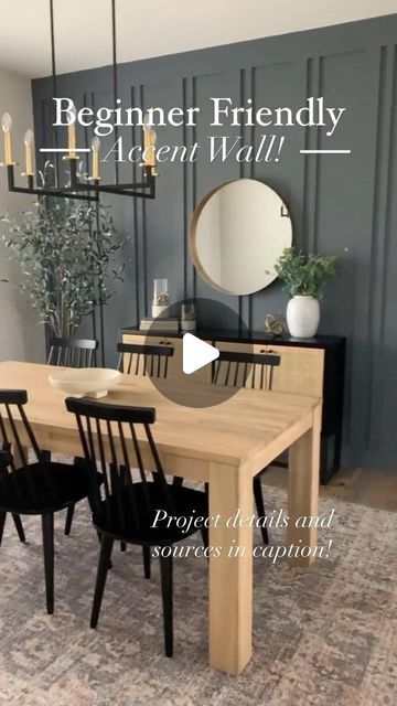 Melissa | DIY and Decor| on Instagram: "✨LIKE & SAVE✨Double Stripe Accent Wall✨

Materials:
- 1x2 primed MDF
- 1x4 primed MDF
- 1x6” primed MDF for top and base
- 1 1/2” 18g brad nails
- caulk 
NO GLUE

Spacing depends on your wall, but I have each 1x4 spaced 15” apart and then the 1x2s are 2” off each 1x4.

Top board is a 1x6” primed MDF board.

ALWAYS caulk where boards meet wall for a professional look!

Paint color is @hgtvhomebysherwinwilliams Sweeping Rock. This is a @loweshomeimprovement exclusive color. The light/white paint color is @sherwinwilliams City Loft

Light is @progressltg 
Table is no longer sold, but a similar one is available at @westelm 
Chairs are from @homedepot 
Rug is @loloirugs 
Buffet is @studiomcgee for @target with custom legs added
Mirror is @target 

#dining Dining Room Color Scheme Ideas, Striped Accent Walls, Dining Room Colour Schemes, White Paint Color, City Loft, Loft Light, Loft Lighting, Brad Nails, Dining Room Colors