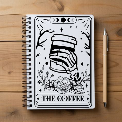 The Coffee Tarot Card, Funny Tarot Cards, Tarot Card Coloring Pages, Tarot Card Drawings, Black Bujo, Coffee Tarot Card, Tarot Card Skeleton, Sugar Skull Art Drawing, Stationery Store Design