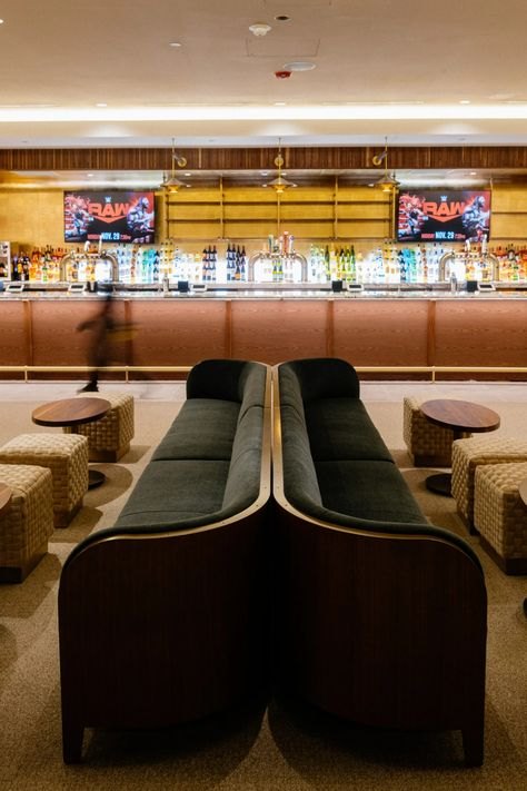 New York’s Newest Hotspot Is... the Hockey Arena? | Architectural Digest Restaurant Booth Design, Ubs Arena, Banquette Ideas, Blue Velvet Curtains, Carlyle Hotel, Hockey Arena, Upholstered Banquette, New York Bar, Restaurant Booth