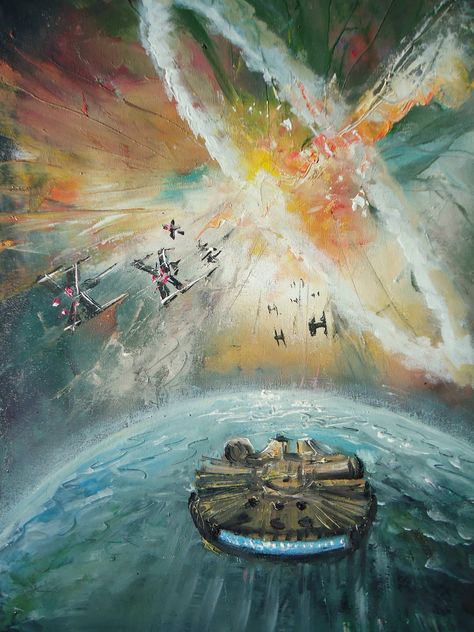 Click this image to show the full-size version. Painting Star Wars, Painting Ideas Star Wars, Star Wars Art Landscape, Millenium Falcon Art, Star Wars Painting Easy, Star Wars Painting Ideas On Canvas, Disney Oil Painting, Starwars Landscape Art, Star Wars Classical Art