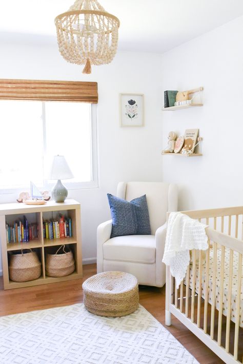 Nursery Nook In Guest Room, Nursery Layout With Two Windows, Simple Nursery Layout, Nursery Furniture Layout Floor Plans, Nursery With Wood Floors, Amber Interiors Nursery, Small Boy Nursery, Books In Nursery, West Elm Nursery