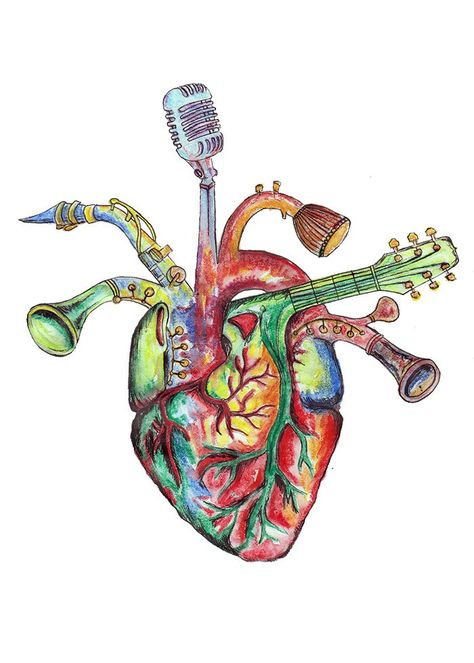 Music Drawings Ideas Creative, Anatomical Heart Drawing, Watercolor Tattoo Ideas, Anatomical Heart Art, Heart Watercolor, Music Notes Art, Human Body Drawing, 8th Grade Art, Music Heart