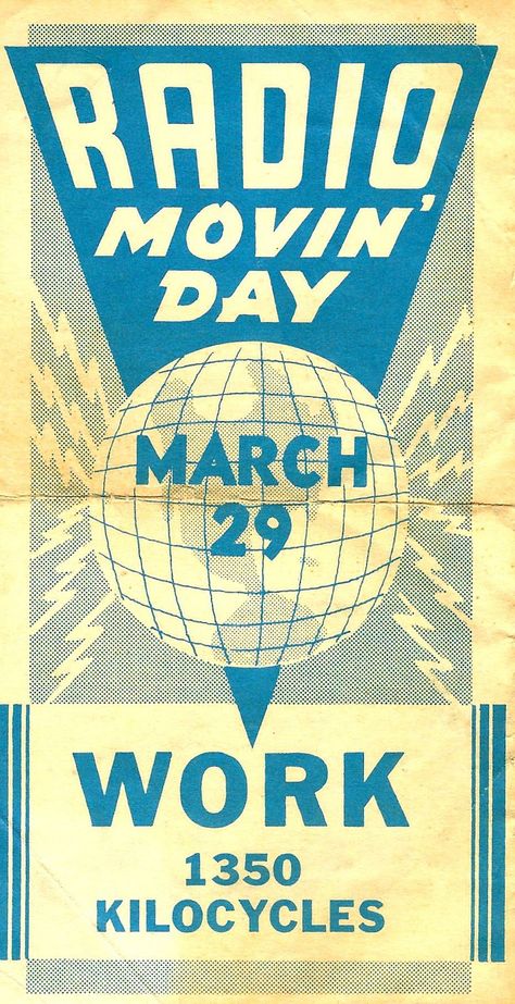 https://flic.kr/p/21ok9nP | Vintage Flyer From Radio Station WORK For Radio Movin' Day, March 29, 1941 | Radio Moving Day resulted from the North American Radio Broadcasting Agreement, negotiated by the United States, Canada and Mexico.The pact extended the AM broadcast band from 1500 kHz to 1600 kHz The reordering shifted most existing AM stations' frequencies in order to create bandwidth for new clear-channel station allocations. 70s Radio Station, Radio Station Aesthetic, Vintage Radio Station, Broadcast Band, Radio Aesthetic, Hope Aesthetic, Vintage Flyer, Radio Broadcasting, Old School Radio