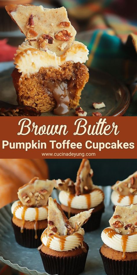 Brown Butter Pumpkin Toffee Cupcakes – CUCINADEYUNG Pumpkin Cupcake Filling, Christmas Cupcake Flavors, Pumpkin Latte Cupcakes, Pumpkin Spice Toffee, Fall Cupcakes Recipes, Pumpkin Toffee, Toffee Cupcakes, Brown Butter Cream Cheese Frosting, Brown Butter Cream Cheese