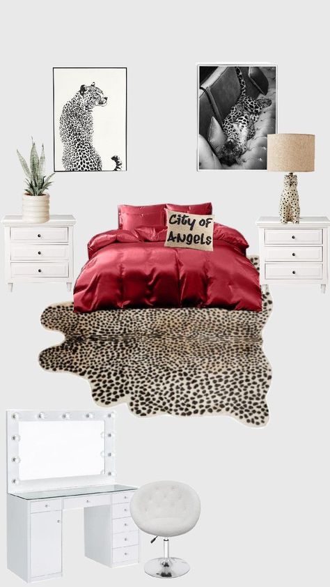 Cheetah And Red Bedroom Ideas, Black Red Cheetah Print Room, Red And Leopard Bedroom Ideas, Cheetah Print And Red Bedroom, Red And Leopard Print Room, Red And Cheetah Bedroom, Bedroom Esthetics, Clean Room Ideas, Cheetah Print Rooms