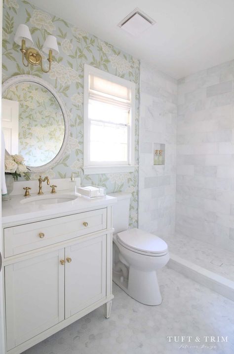 Gorgeous French Traditional Style Home - Inspiring Home Tour Small Bathroom Wallpaper, Cape Cod Style House, French Farmhouse Style, French Style Homes, Traditional Style Homes, Diy Headboard, Downstairs Bathroom, Girls Bathroom, Bathroom Wallpaper