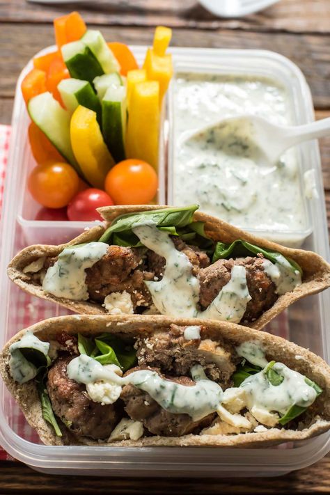 These Mediterranean Meatballs make an awesome pita sandwich with dill yogurt sauce, feta, and fresh veggies. Dill Yogurt Sauce, Mediterranean Meatballs, Pita Sandwich, Pita Sandwiches, Easy Mediterranean Diet Recipes, Mediterranean Diet Plan, Yogurt Sauce, Mediterranean Dishes, Mediterranean Diet Recipes