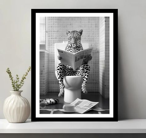 Leopard Print Funny Bathroom Decor Leopard in Toilet Animal - Etsy Turkey Leopard Print Bathroom Decor, Leopard Print Downstairs Toilet, Toilet Black And White, Cheetah Bathroom, Animals On Toilet, Leopard Print Bathroom, Funny Animal Bathroom Art, Dorm Aesthetic, Kids Bathroom Wall