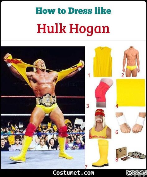 Hulk Hogan's iconic costume is wearing a yellow muscle tee, wrestling briefs, and boots. He also wears red knee protector and yellow bandana on the head.           #Male #male #blonde #tv #old #80s #wrestler #muscular #WWE Wwe Halloween Costumes Couples, Blonde Male Halloween Costume, Hulk Hogan Couples Costume, Wrestlers Halloween Costumes, 80s Wrestlers Costume, Hulk Hogan And Macho Man Costume, Hulk Hogan Costume Women, Wwe Wrestlers Costumes, Macho Man Costume