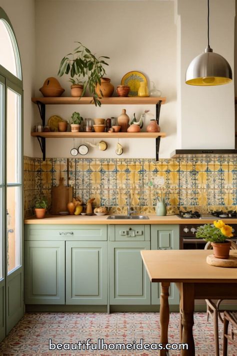 Spanish Style Kitchens: Beautiful Ideas to Transform Your Home - Beautiful Home Design Ideas Meditterean Kitchen, Spanish Cottage Interiors, Spanish Kitchen Design Mexican Style, Italian Kitchen Design Tuscan Style, Mediterranean Kitchen Ideas, Colourful Kitchen Ideas, Mexican Kitchen, Mexican Style Kitchens Ideas, Spanish Tile Kitchen