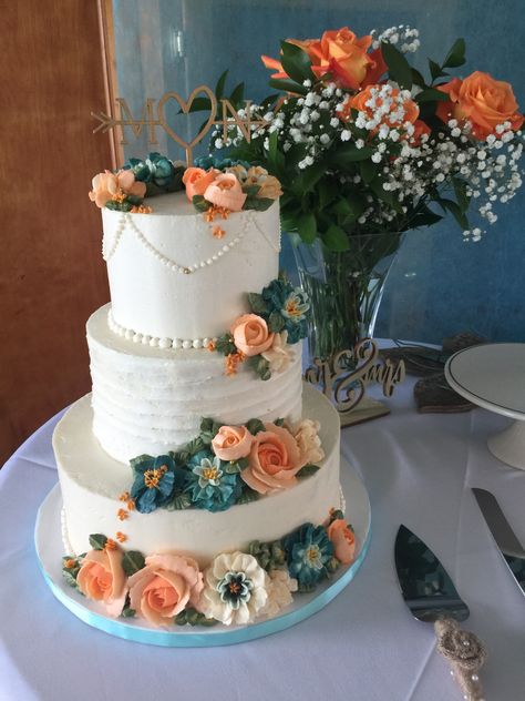 Wedding Cake Teal And Orange, Teal And Coral Fall Wedding, Coral And Teal Wedding Cake, Coral And Teal Wedding Bouquet, Dark Teal And Coral Wedding, Burnt Orange And Dark Teal Wedding Cake, Dark Teal And Rust Orange Wedding Cake, Teal And Rust Wedding Cake, Teal And Burnt Orange Wedding Cake