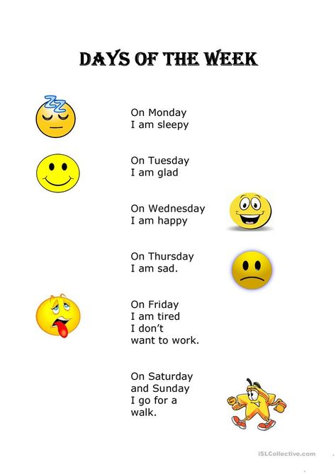 days of the week - English ESL Worksheets for distance learning and physical classrooms Daycare Songs, Basic English For Kids, Days Of The Week Activities, English Primary School, Esl Learning, Fall Lesson Plans, Poems In English, Teach English To Kids, Materi Bahasa Inggris